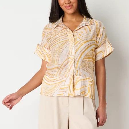 Photo 1 of Worthington Womens Short Sleeve Regular Fit Button-Down Shirt, Petite Large, Brown