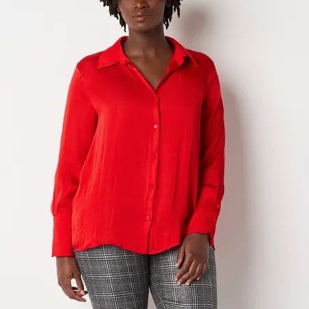 Photo 1 of Worthington Womens Long Sleeve Relaxed Fit Button-Down Shirt, Medium, Red