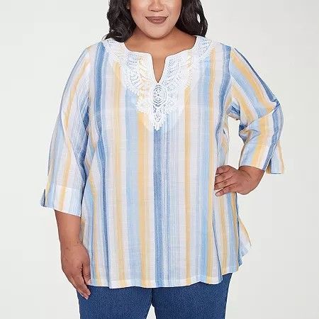 Photo 1 of Alfred Dunner Plus Flower Power Womens Split Crew Neck 3/4 Sleeve Blouse, 3x, Blue
