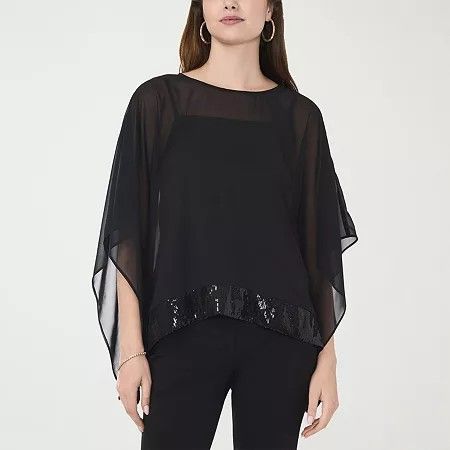 Photo 1 of MSK Sequin Trim Womens Round Neck 3/4 Sleeve Blouse, X-large, Black