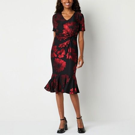 Photo 1 of Liz Claiborne Womens Short Sleeve Floral MIDI Fit + Flare Dress, 14, Red