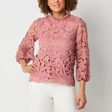 Photo 1 of 52seven Womens Mock Neck 3/4 Sleeve Lace Blouse, Medium, Red
