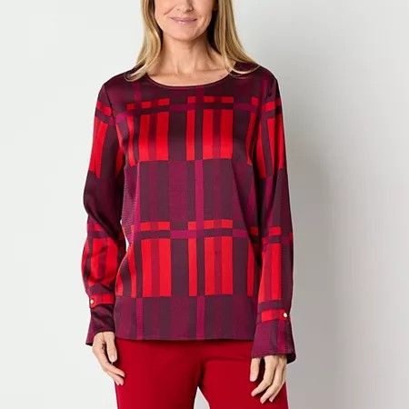 Photo 1 of Liz Claiborne Womens Crew Neck Long Sleeve Satin Tall Blouse, Xx-large Tall, Red
