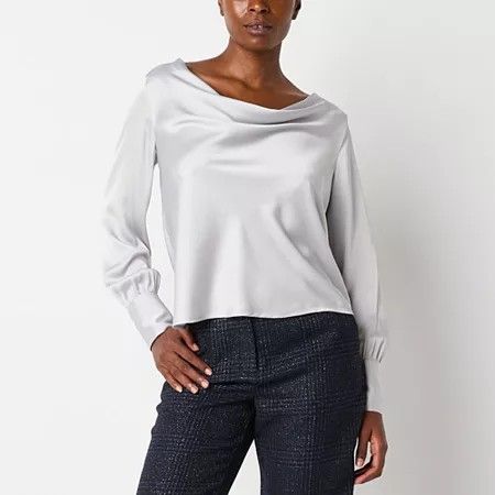 Photo 1 of Worthington Womens Round Neck Long Sleeve Satin Blouse, Medium, Gray
