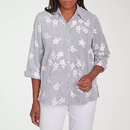 Photo 1 of Alfred Dunner Dress Code Womens 3/4 Sleeve Embroidered Button-Down Shirt, Petite Medium, White