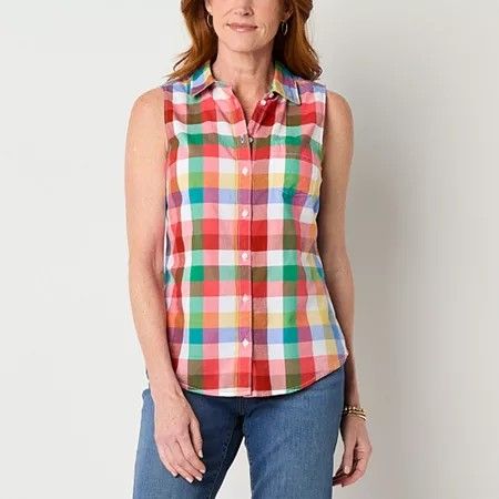 Photo 1 of St. John's Bay Womens Sleeveless Regular Fit Button-Down Shirt, Petite Medium, Multiple Colors