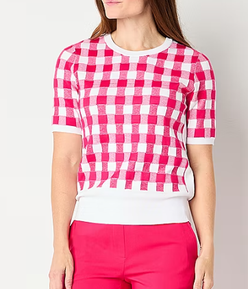 Photo 1 of Liz Claiborne Womens Crew Neck Short Sleeve Plaid Pullover Sweater Small