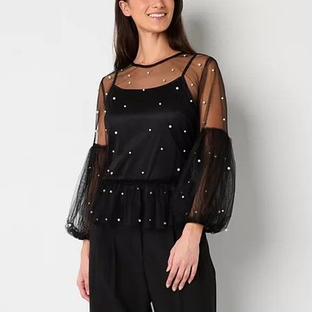 Photo 1 of Ultra Pink Womens Crew Neck Long Sleeve Embellished Blouse, Medium, Black
