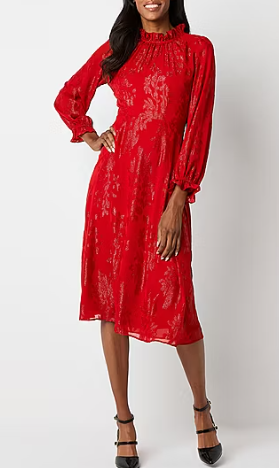 Photo 1 of Liz Claiborne Womens Long Sleeve Floral Midi A-Line Dress 12
