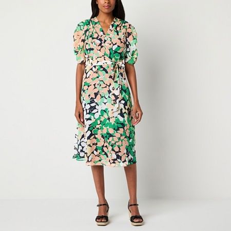Photo 1 of Liz Claiborne Womens Elbow Sleeve Leaf MIDI Wrap Dress, 14, Green
