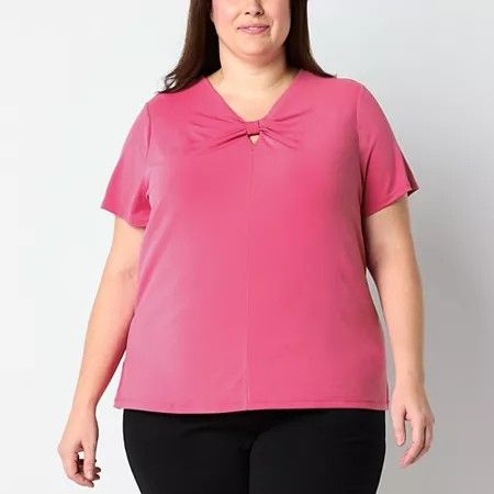 Photo 1 of Liz Claiborne Plus Womens Keyhole Neck Short Sleeve Blouse, 1x, Pink
