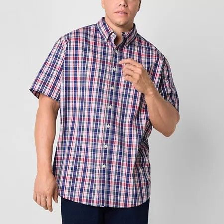 Photo 1 of U.S. Polo Assn. Stretch Slub Big and Tall Mens Classic Fit Short Sleeve Plaid Button-Down Shirt, 3x-large Tall, Blue
