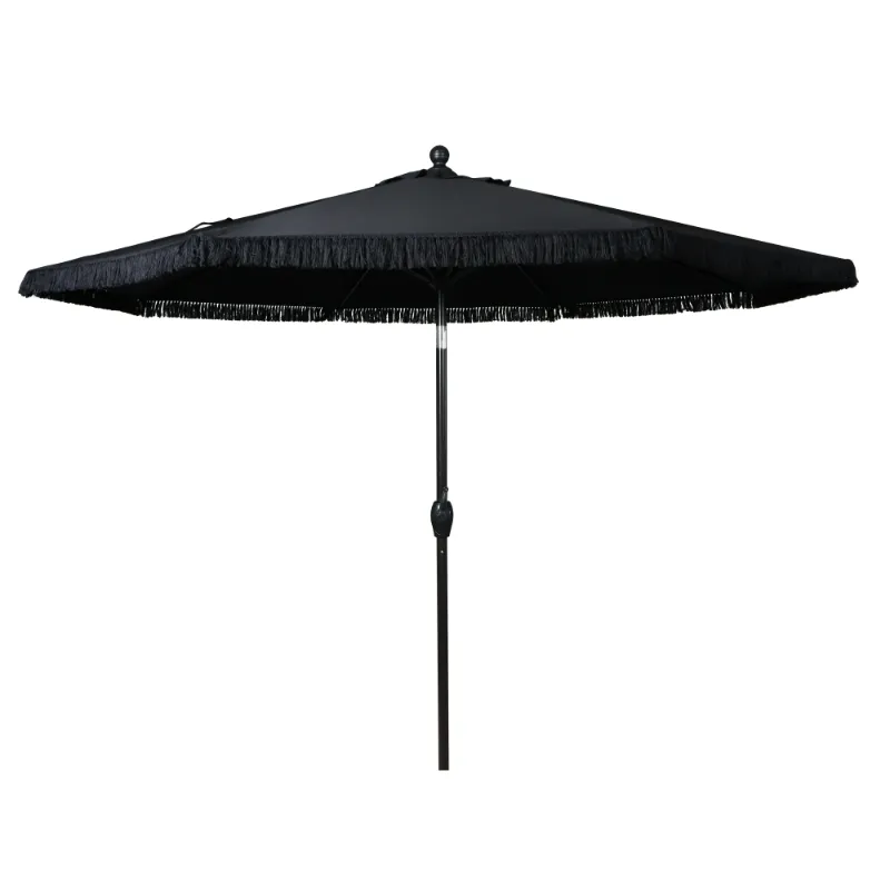 Photo 1 of  Black Solid Print Round Fringe Patio Umbrella
