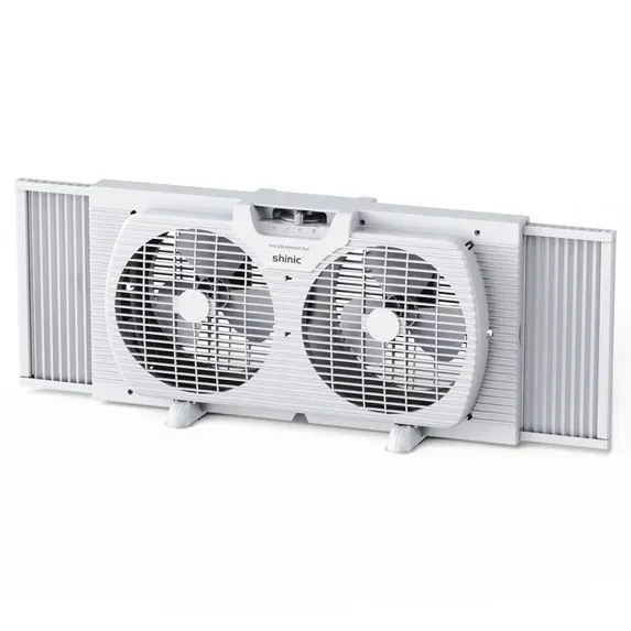 Photo 1 of Shinic 9 3-Speed Twin Window Fan with Removable Bug Screen Fully Assembled (22“ to 33-1/2 ) White