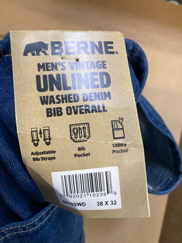Photo 1 of Berne Heritage Unlined Denim Bib Mens Workwear Overall, 38 32, Blue
