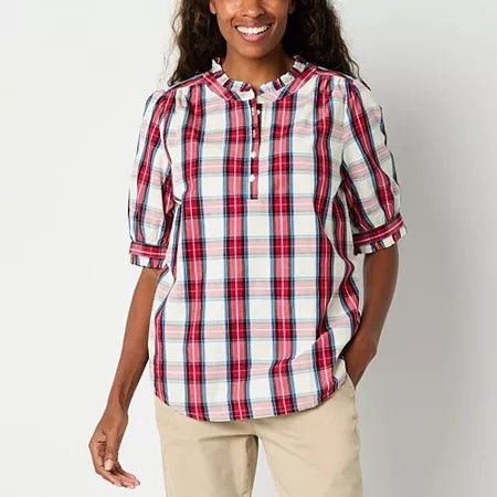 Photo 1 of St. John's Bay Womens Split Crew Neck Short Sleeve Blouse, X-large, Red