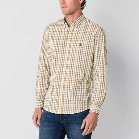 Photo 1 of U.S. Polo Assn. Stretch Poplin Heather Mens Classic Fit Long Sleeve Plaid Button-Down Shirt, X-large, Beige
