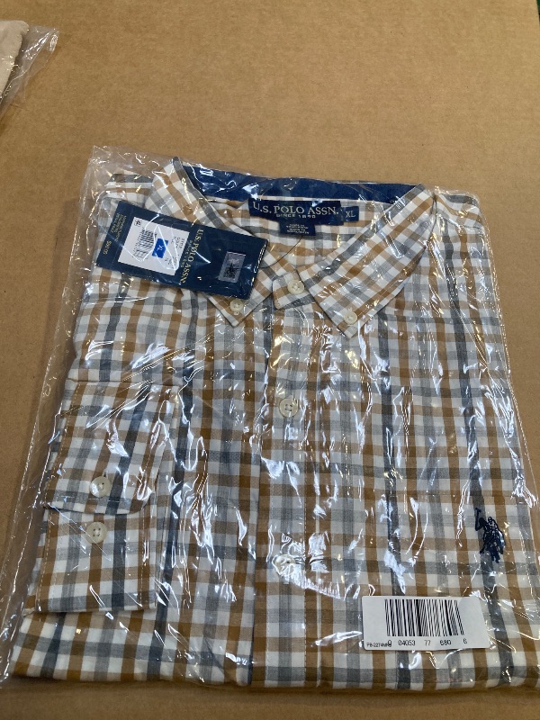 Photo 1 of U.S. Polo Assn. Stretch Poplin Heather Mens Classic Fit Long Sleeve Plaid Button-Down Shirt, X-large, Beige