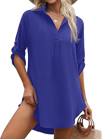 Photo 1 of Ekouaer Beach Cover Ups for Women V Neck Bathing Suit Cover Up Bikini Swimsuit Coverup Beach Dress Shirt - S