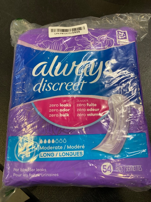 Photo 1 of Always Discreet Adult Incontinence Pads for Women, Moderate Absorbency, Long Length, Postpartum Pads, Up to 100% Bladder Leak Protection, 54 Count (Packaging May Vary)