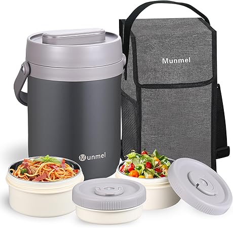 Photo 1 of Adults Lunch Vacuum Soup Thermos For Hot Food with Inserts Stackable Bento Box Storage Container, Width Mouth Stainless Steel Portable Insulated Food Jar (grey, 74 oz)
