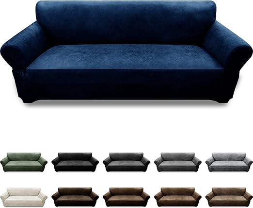Photo 1 of Couch Cover Leather Look 3 Seater Couch Sofa Cover 1-Piece Sofa Slipcover Stretch Furniture Protector with Elastic Bottom & Pockets (Sofa, Navy)
