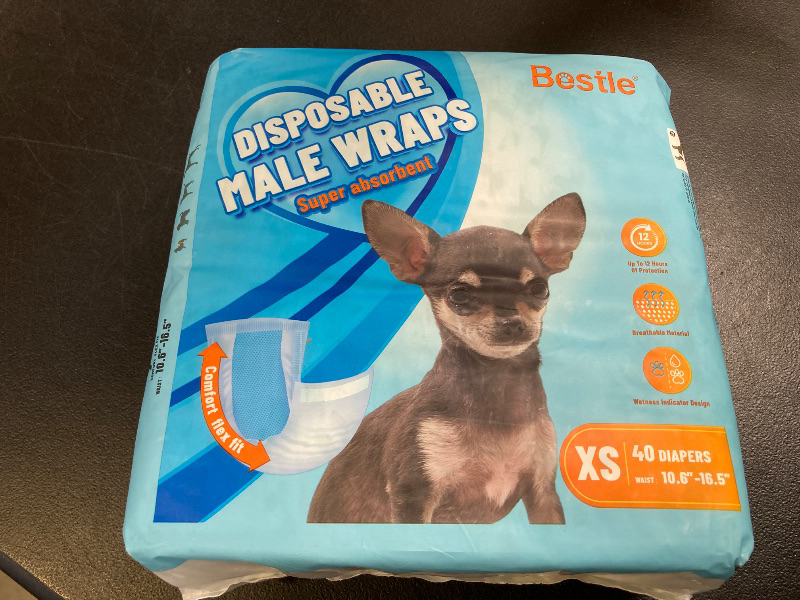 Photo 1 of Bestle Male Dog Wrap, Disposable Dog Diapers, 40 Count, XS (Waist 10.6”-16.6”), Wetness Indicator, Ultra Protection, Leak Proof, Super Absorbent, Soft