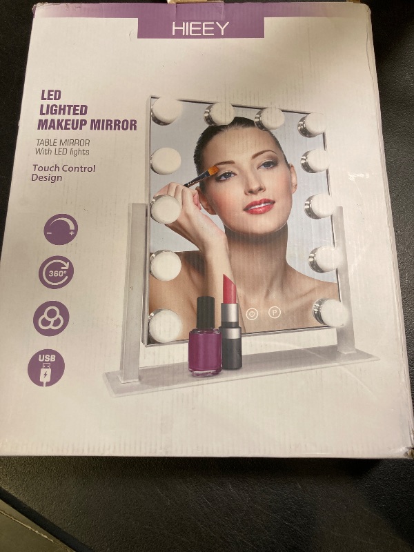 Photo 1 of HIEEY Hollywood Vanity Mirror with 12 Dimmable Bulbs Lights, Three Color Lighting Modes, and 5X Magnification, Smart Touch Control, 360°Rotation (White, Gift Box)
