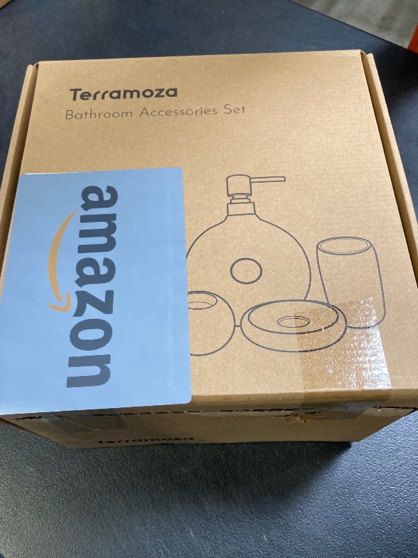Photo 1 of Terramoza Ceramic Bathroom Accessory Set, 5 Pcs - Includes Soap Dispenser, Toothbrush Cup, Toothbrush Holder, Soap Dish & Candle Holder - Beige, Matte Glaze - Aesthetic Bathroom Décor