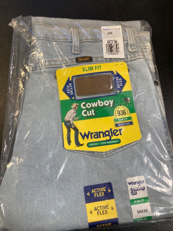 Photo 1 of Wrangler men's Cowboy Cut Active Flex Slim Fit Jeans, Bleach, 34W x 30L US
