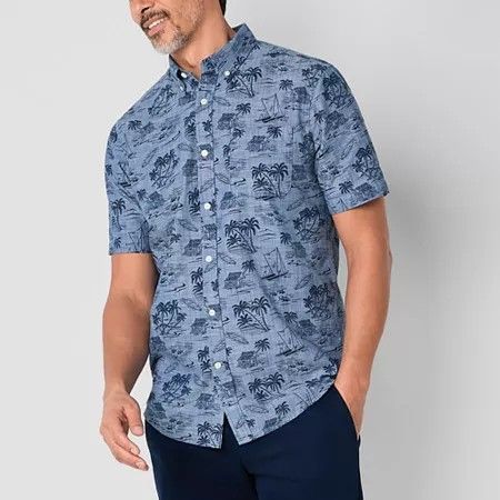 Photo 1 of St. John's Bay Men's Printed Chambray Short Sleeve Classic Fit Button-Down Shirt, Large, Blue
