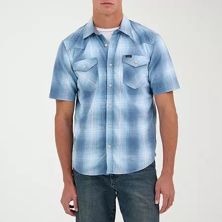 Photo 1 of Wrangler Men's Regular Fit Short Sleeve Plaid Button-Down Shirt, Large, Blue
