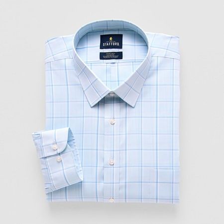 Photo 1 of Stafford Smart Tech Men's Big & Tall Regular Fit Stretch Fabric Wrinkle Free Long Sleeve Dress Shirt, 19-19.5 34-35, Blue
