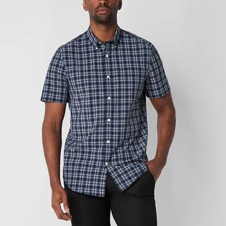 Photo 1 of St. John's Bay Men's Performance Stretch Fabric Short Sleeve Classic Fit Button-Down Shirt, X-large, Blue
