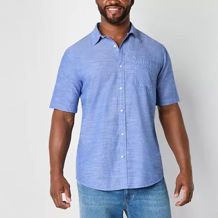 Photo 1 of St. John's Bay Men's Chambray Short Sleeve Classic Fit Big and Tall Button-Down Shirt, 4x-large Tall, Blue