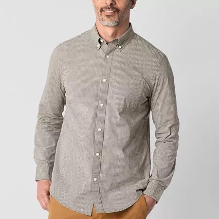 Photo 1 of St. John's Bay Poplin Men's Easy-on + Easy-off Adaptive Classic Fit Long Sleeve Button-Down Shirt, Large, Brown
