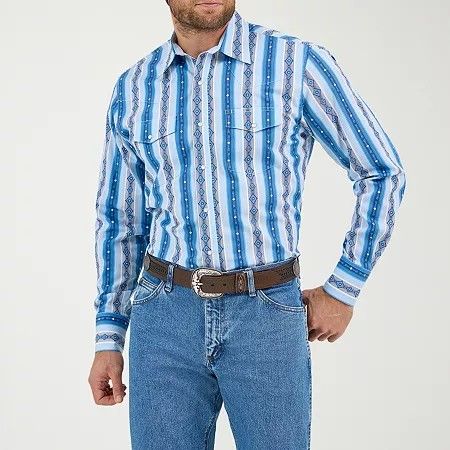 Photo 1 of Wrangler Men's Checotah Long Sleeve Classic Fit Button-Down Shirt, Xx-large, Blue