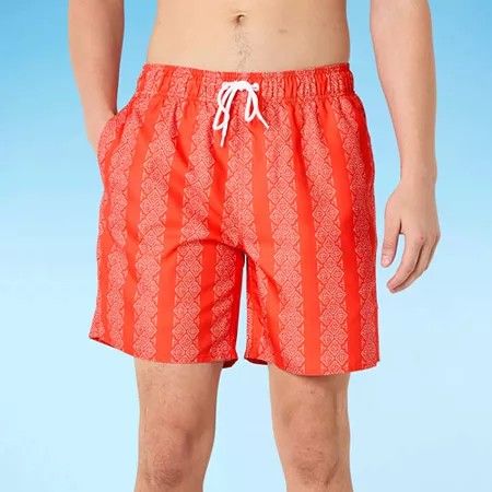 Photo 1 of Arizona Men's Striped Swim Trunks, Large, Red
