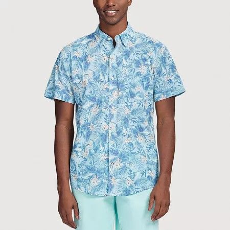 Photo 1 of IZOD Men's Dockside Chambray Stretch Fabric Short Sleeve Regular Fit Button-Down Shirt, X-large, Blue

