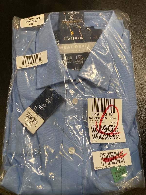 Photo 1 of Stafford Sweat Repel Men's Slim-Tall Fit Long Sleeve Dress Shirt, 17-17.5 36-37, XLT, Blue
