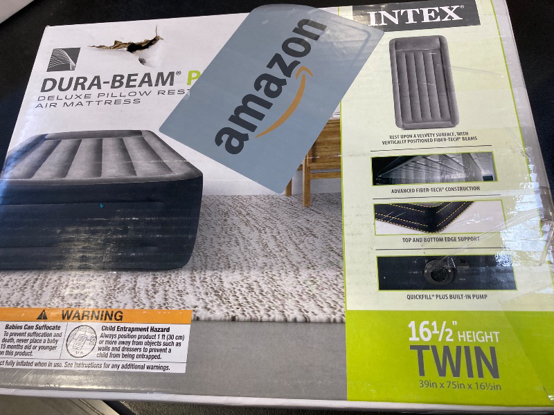 Photo 1 of Intex 64131ED Dura-Beam Plus Deluxe Pillow: Fiber-Tech – Twin Size – Built-in Electric Pump – 16.5in Bed Height – 300lb Weight Capacity