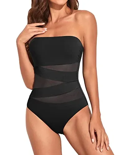 Photo 1 of Strapless Bandeau Bathing Suits For Women With Tummy Control-Black - XXL 
