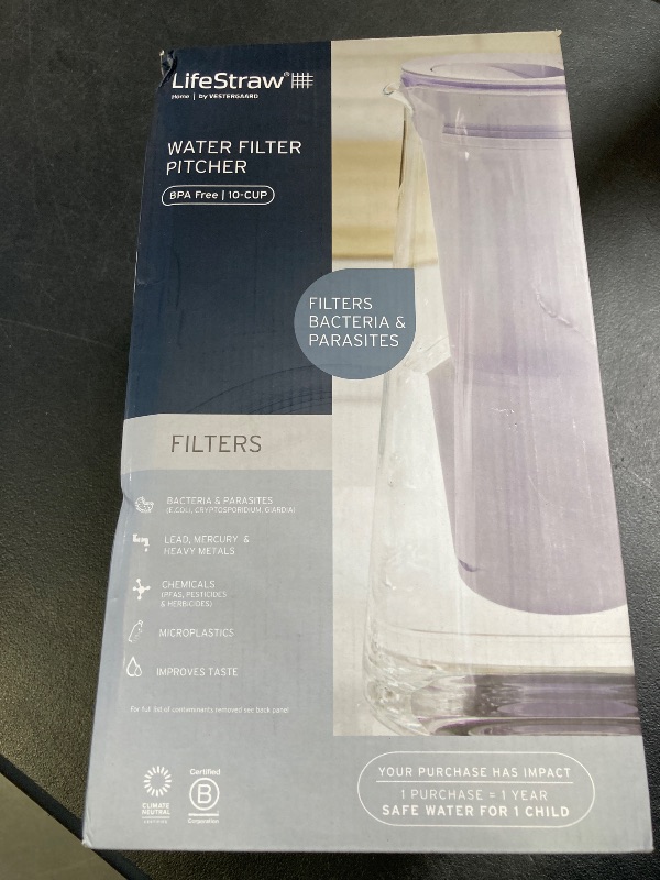 Photo 1 of LifeStraw Home – Water Filter Pitcher, 10-Cup, Wisteria, BPA Free Designed for Everyday Protection Against Bacteria, parasites, microplastics, Lead, Mercury, PFAS and a Variety of Chemicals