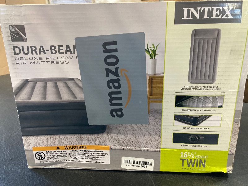 Photo 1 of Intex 64131ED Dura-Beam Plus Deluxe Pillow: Fiber-Tech – Twin Size – Built-in Electric Pump – 16.5in Bed Height – 300lb Weight Capacity