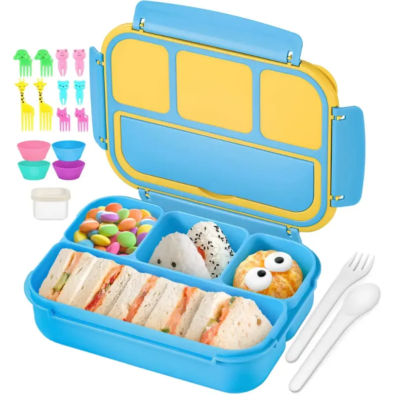 Photo 1 of  Bento Lunch Boxes with 4 Compartments, Sauce Container, Utensils, Food Picks and Muffin Cups for School or Adults, Blue