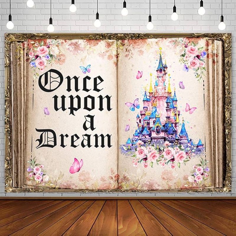 Photo 1 of AIBIIN 7x5ft Fairy Tale Books Backdrop Once Upon a Dream Old Opening Book Photography Background Castle Floral Princess Romantic Story Photo Background Wedding Birthday Party Decorations Banner Props