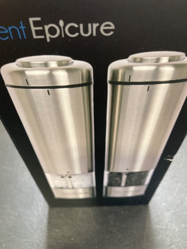 Photo 1 of Latent Epicure Electric Salt and Pepper Grinder Set - Battery Operated, Stainless Steel Shakers with Adjustable Fine & Coarseness, One Handed Operation, LED Light & Complimentary Mill Rest Tray