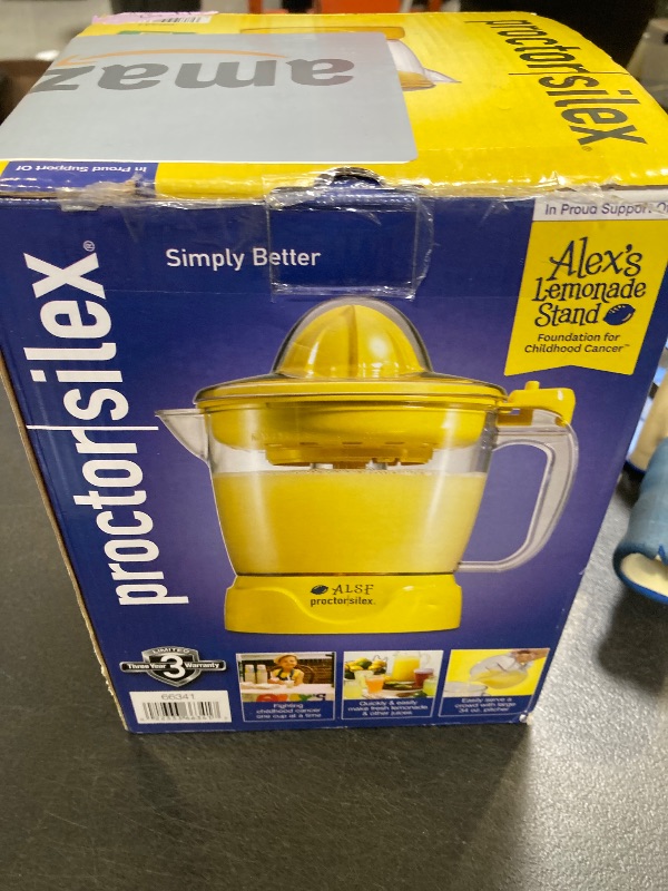 Photo 1 of Proctor Silex Alex's Lemonade Stand Electric Citrus Juicer Machine, Large 34 oz. Pitcher, Pressure Activated, for Lemons, Limes and Oranges, 34 oz, Includes 2 Reamers & Recipe Book, Yellow (66341)