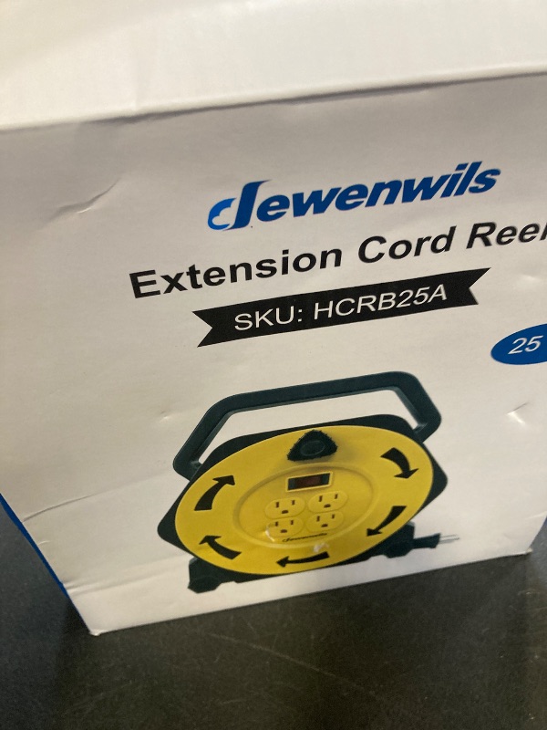 Photo 1 of DEWENWILS Extension Cord Reel with 25 FT Power Cord, Hand Wind Retractable, 16/3 AWG SJTW, 4 Grounded Outlets, 13 Amp Circuit Breaker, Yellow, Black, UL Listed