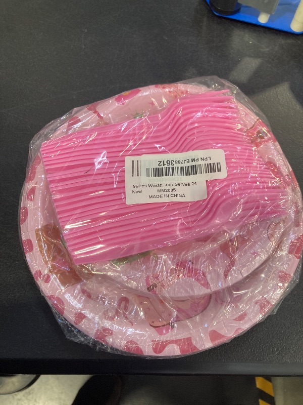Photo 1 of 96Pcs Western Cowgirl Party Supplies Paper Plates Napkins Pink Cowgirl Bachelorette Cactus Party Tableware Set Wild West Rodeo Birthday Decorations Favors for Kids Baby Shower Farm Decor Serves 24